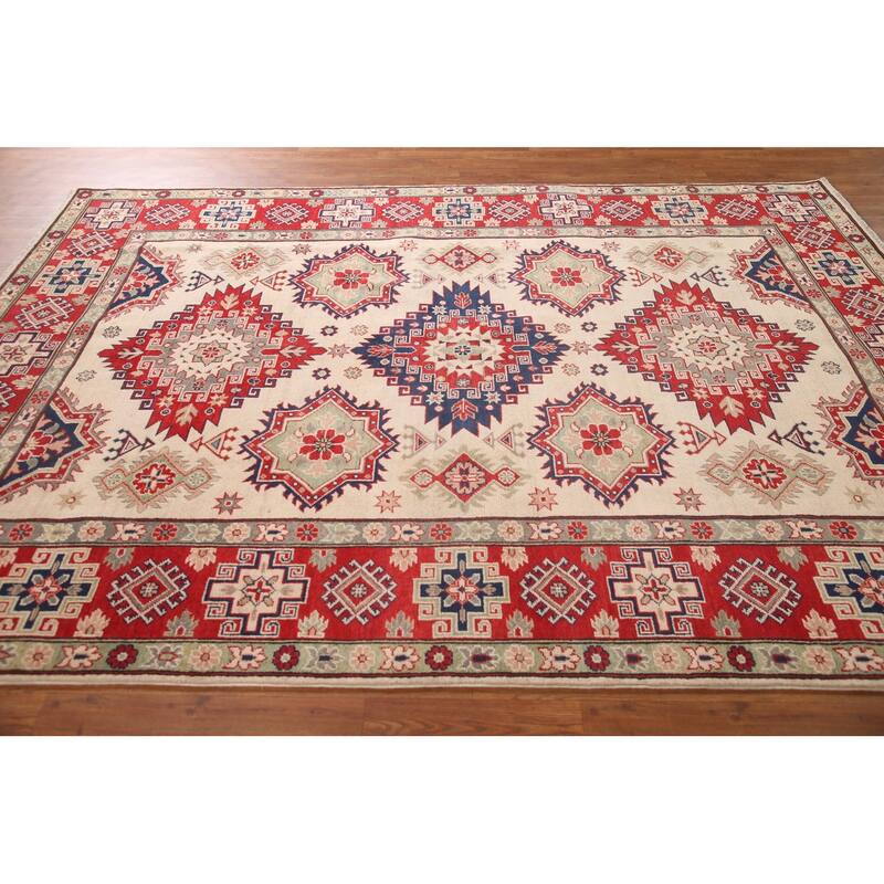 Geometric Kazak Area Rug Hand-Knotted Living Room Wool Carpet - 6'11" x 9'9"
