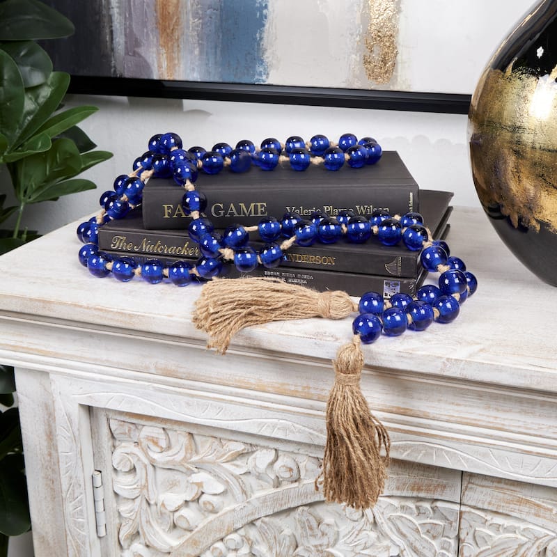 Glass Handmade Round Long Beaded Garland with Tassel with Knotted Brown Jute - Blue