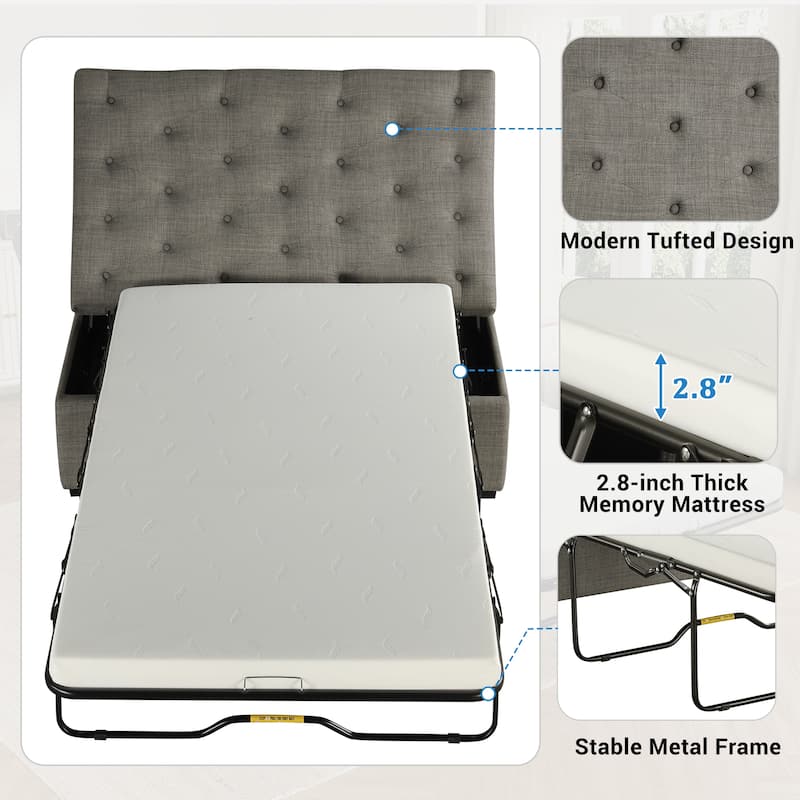 Tufted Sleeper Couch Settee, Ottoman with Folding Sofa Bed, Convertible Ottoman Sleeper with Memory Mattress
