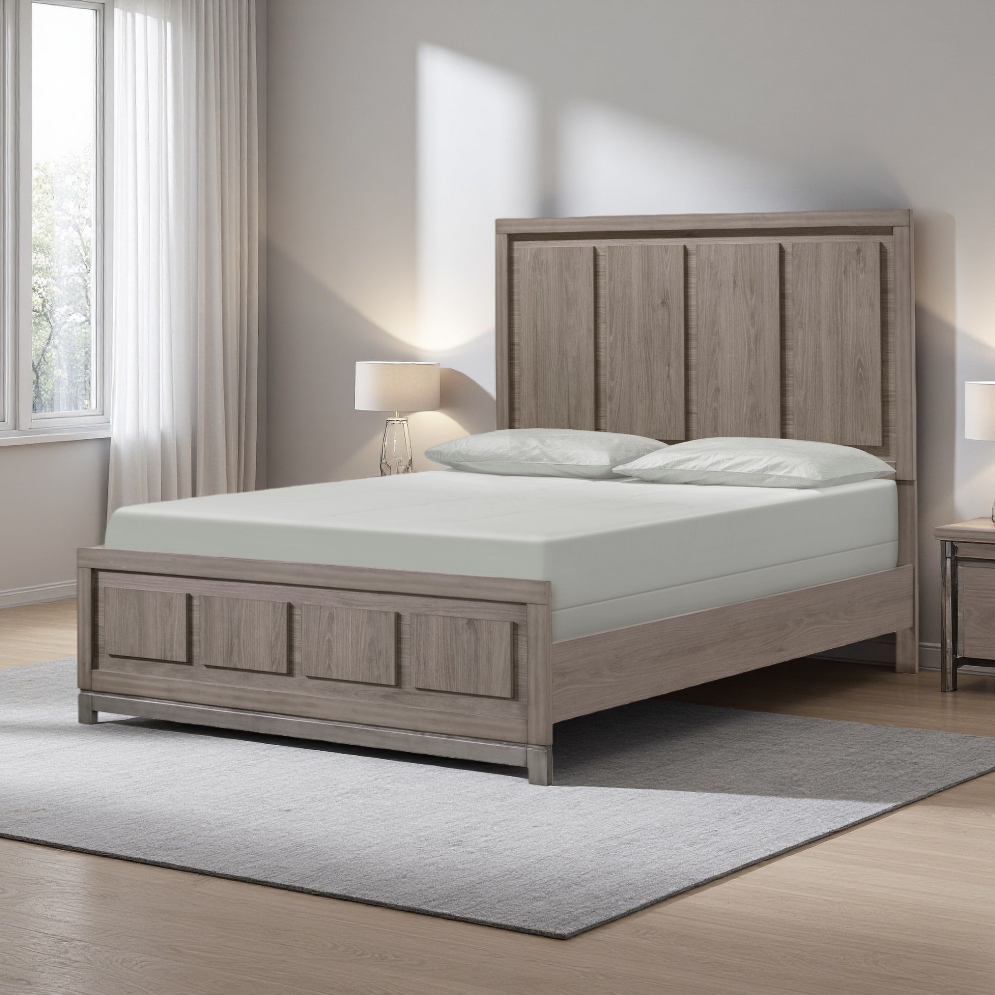 King Size Contemporary Panel Bed, Oak Finish