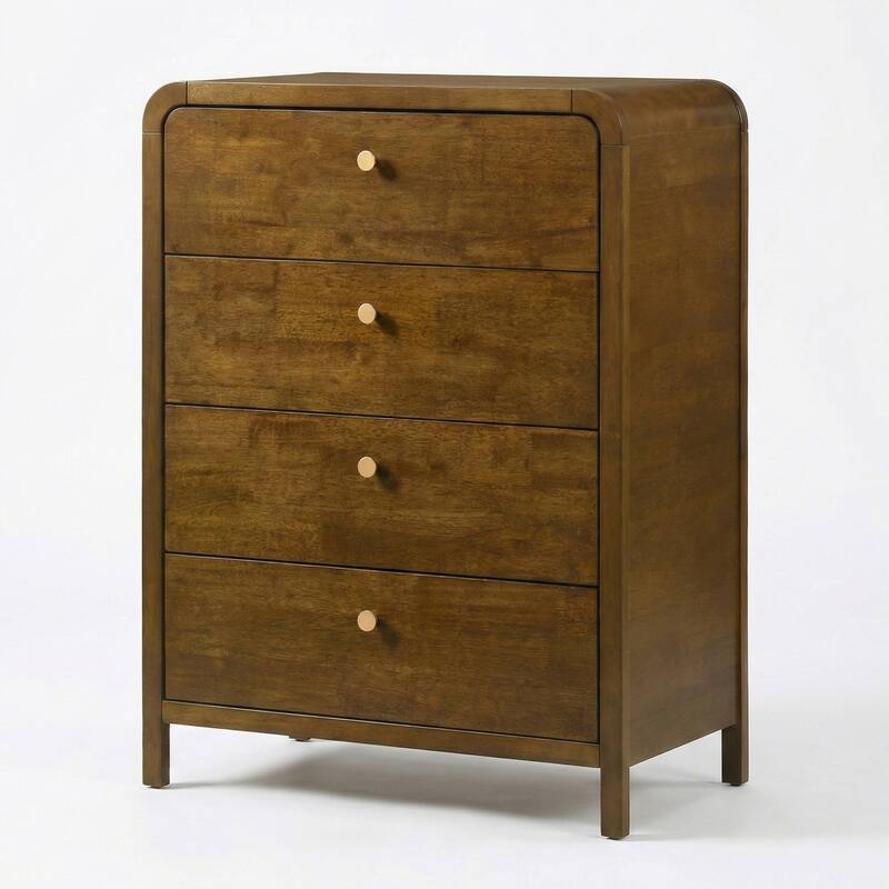 Roundhill Furniture Eldren 4-Drawer Wood Chest with Solid Rubberwood Frame, Walnut Finish