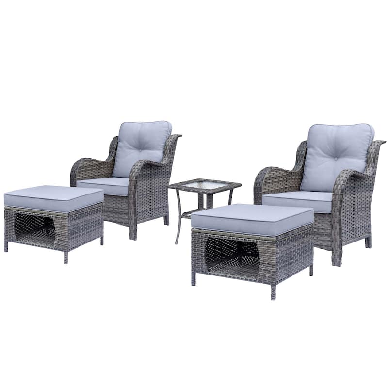 5 Piece Outdoor Wicker Patio Conversation Chair with Ottoman Set