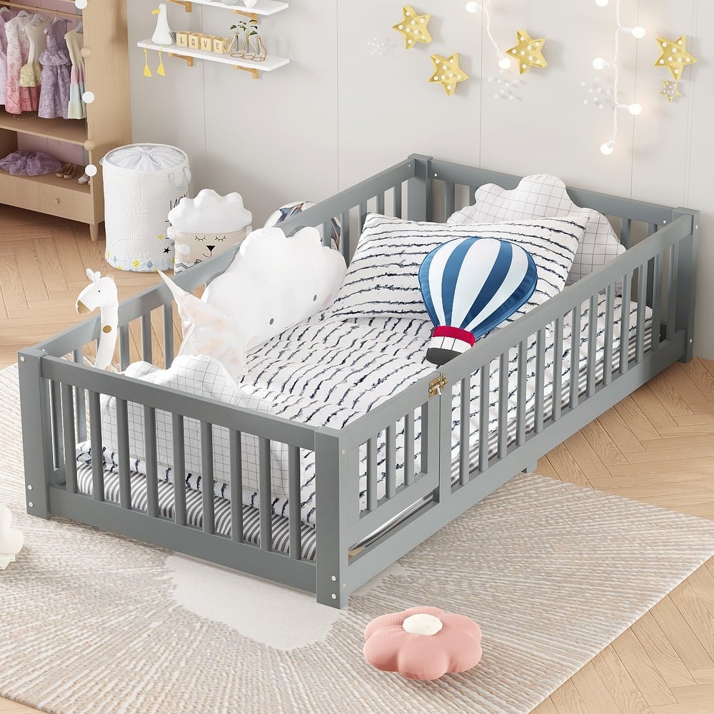 Montessori Toddler Floor Bed with Fence and Switchable Door, Low Profile Bed Frame with Removable Slats, Safe Transition Bed