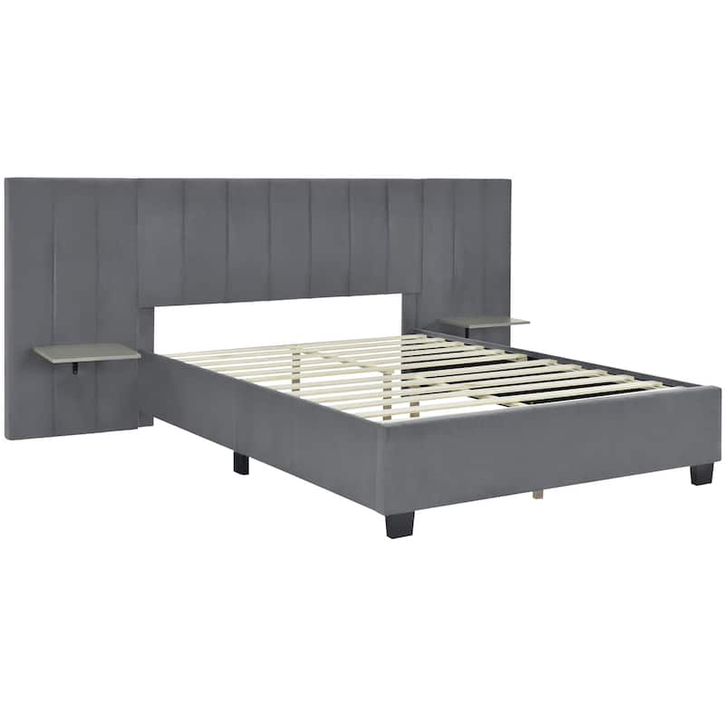 HomeRoots Gray Tufted Velvet Upholstered Queen Bed Frame