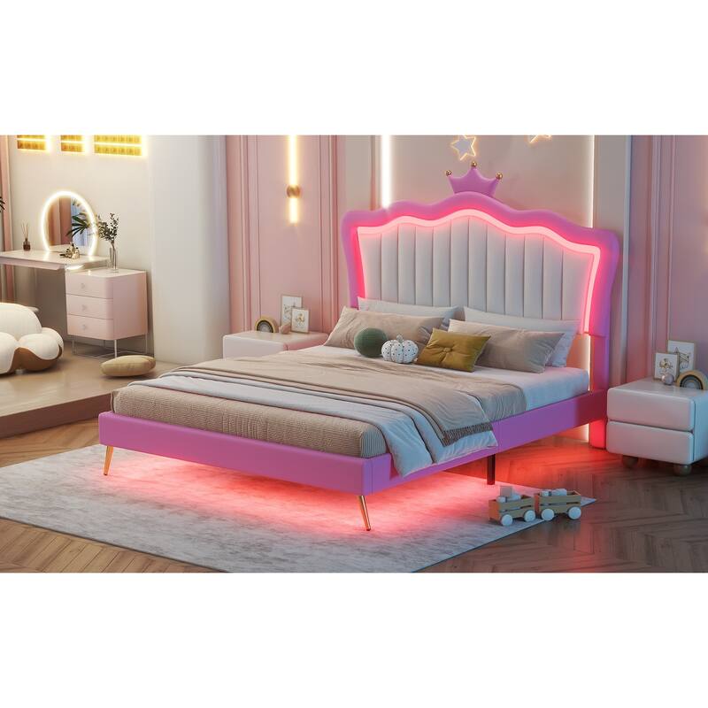 Full Size Modern Upholstered Princess Platform Bed with LED & Crown Headboard