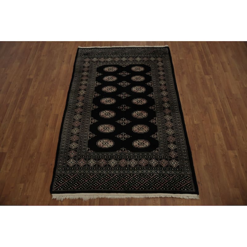 Hand Knotted Oriental 100% Wool Carpet Traditional Geometric Black Bokhara Area Rug - 6' 6'' X 4' 2''