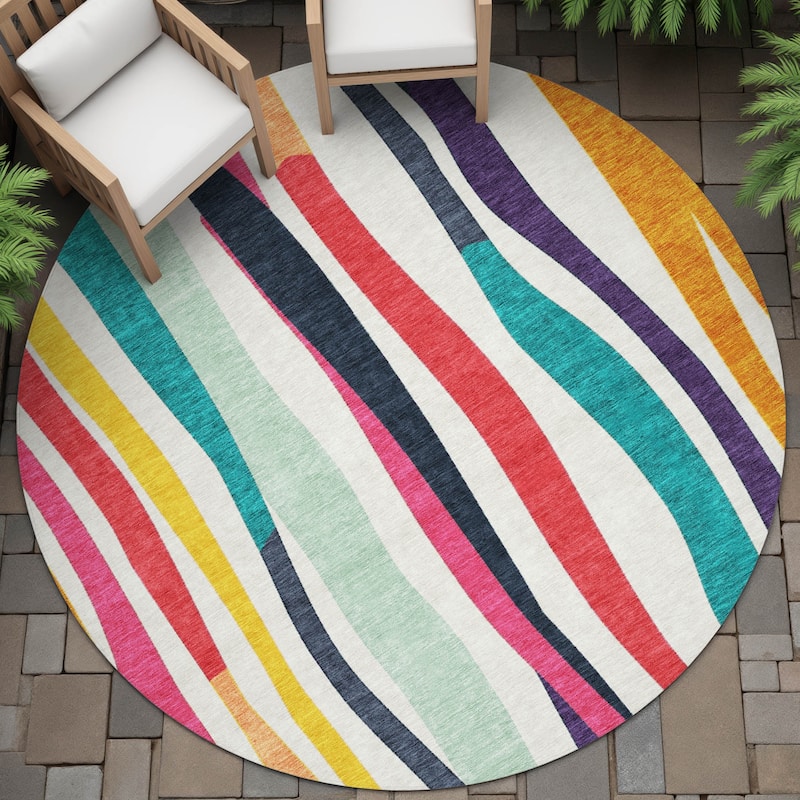 Machine Washable Indoor/Outdoor Modern Stripes Chantille Rug - Ivory - 8' x 8'