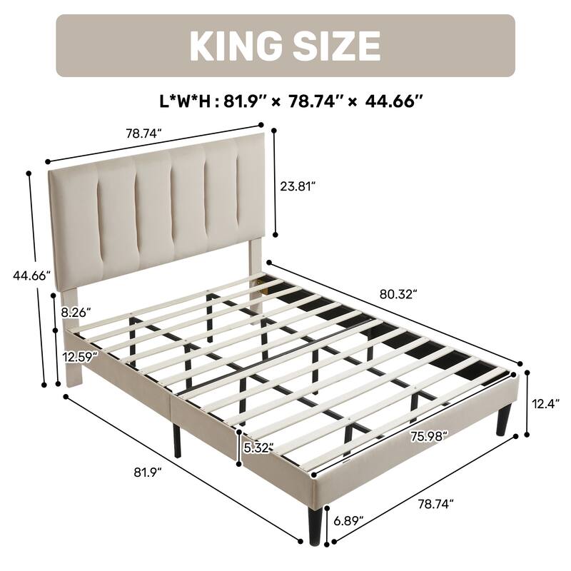 Upholstered Platform Bed Frame with Vertical Stripe Headboard