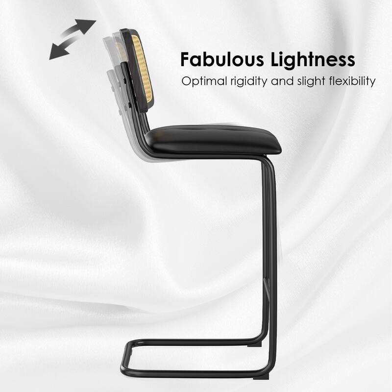 Set of 2 Black PU Leather & Rattan Back Bar Stools, 30" Counter Height Armless Bar Chairs for Kitchen Island