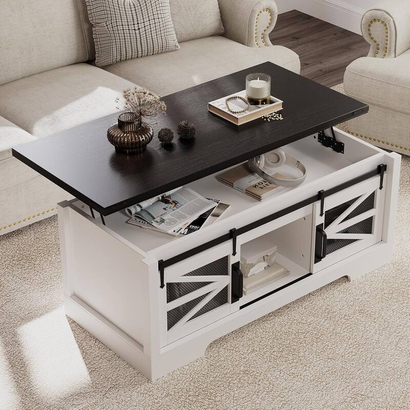 Lift Top Coffee Table Farmhouse Rustic Dining Table Hidden Storage - 47.2*21.7*24.7in - Black Tabletop 