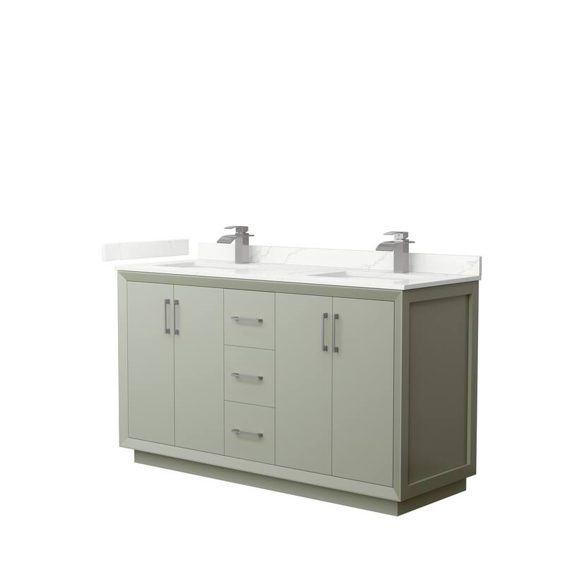 Strada 60-inch Double Vanity, Quartz Top - Light Green, Nickel Trim, Giotto Quartz Top