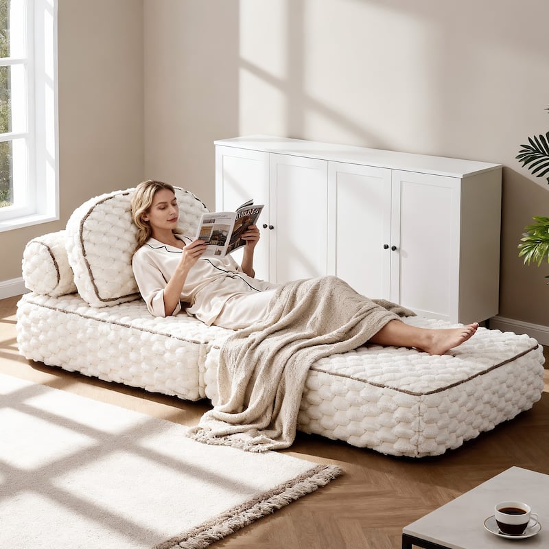 3-in-1 Convertible Sofa Bed Soft Fuzzy Fabric - Beige