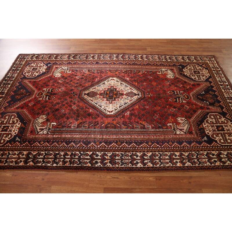 Red Shiraz Persian Vintage Area Rug Handmade Wool Carpet - 5'0"x 8'0"