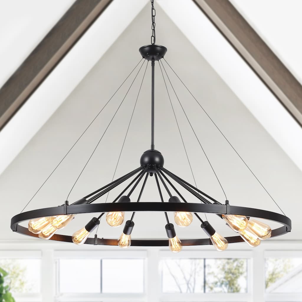 12-Light W43.3" x H90.55" Wagon Wheel Chandelier for Study Bedroom