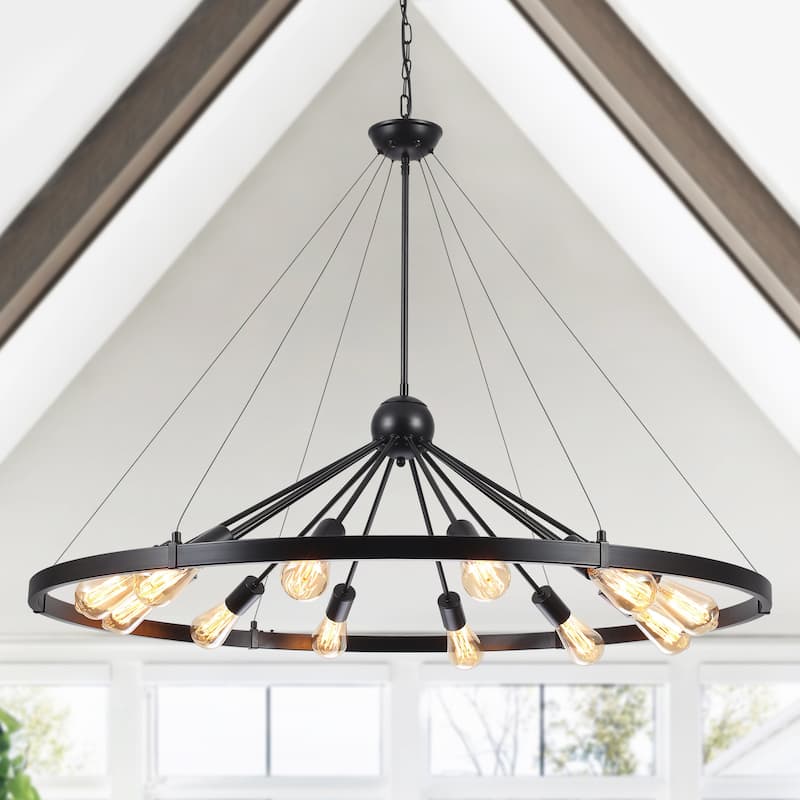 12-Light W43.3" x H90.55" Wagon Wheel Chandelier for Study Bedroom - Black