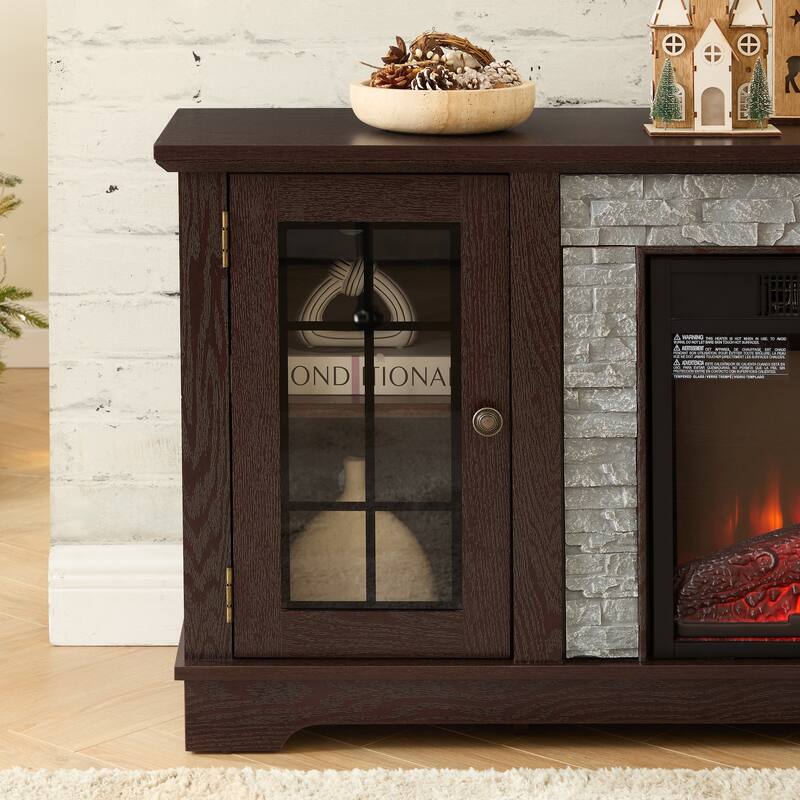 GDFStudio Eulalia Wood 2-Door Storage TV Stand with Faux Stone Mantle