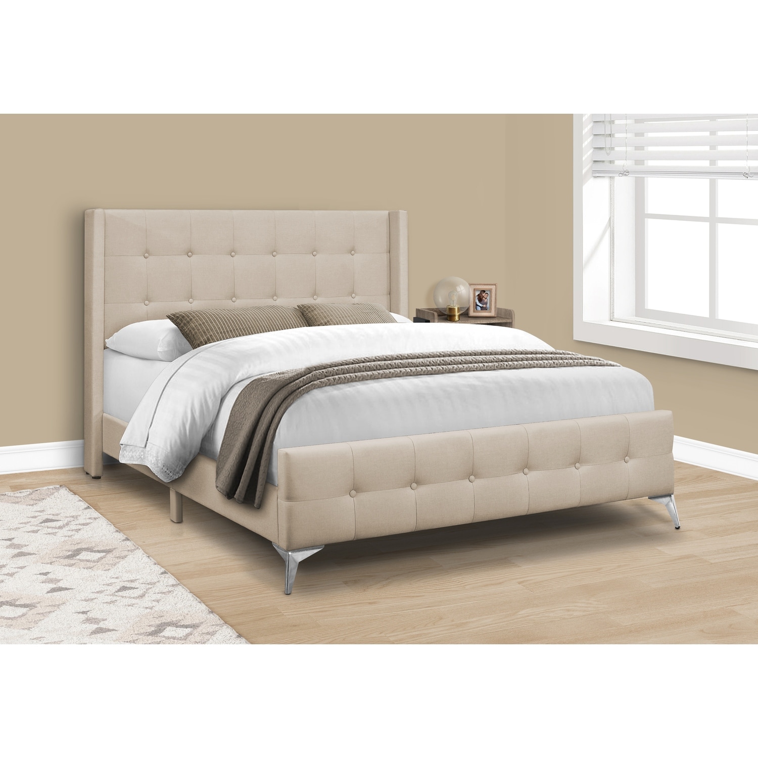 Brushed Gray Wooden Queen Bed Frame with LED Headboard Light and Durable Slats for Stylish Bedrooms