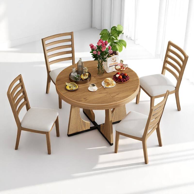 Retro 5-Piece Round Dining Table Set with Leaf Extension and Upholstered Chairs for Kitchen - Natural