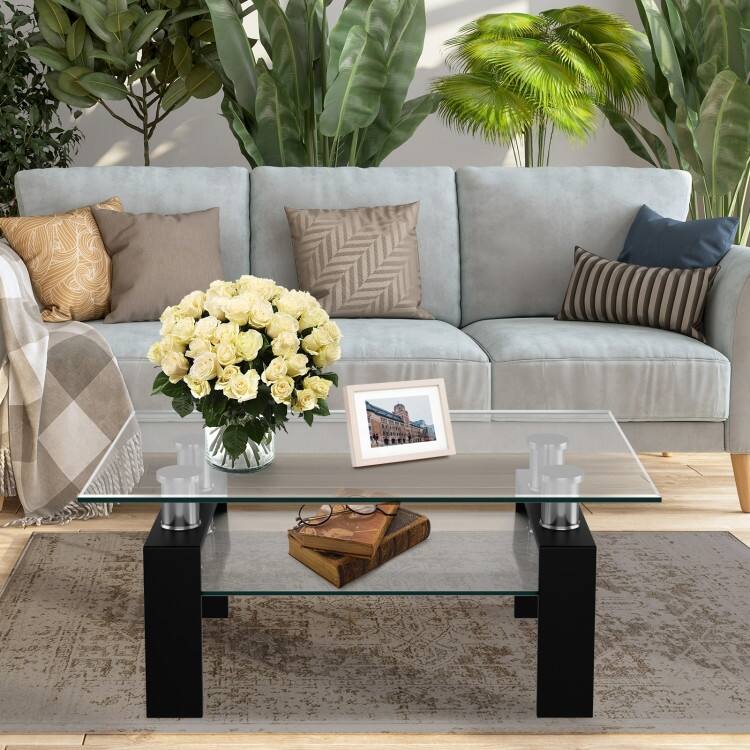 Rectangle Glass Table with Metal Legs for Living Room - 39" x 23.5" x 17.5"
