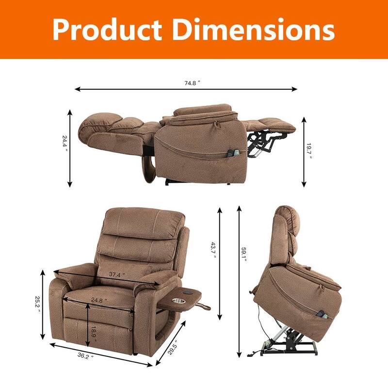 Dual Motor Oversized 180° Lay Flat Chenille Power Lift Recliner Chair with Retractable Tray, Wireless Charge