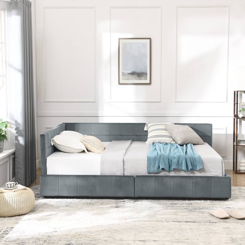 L-shaped Velvet Upholstered Daybed Tufted Sofa Bed with Soft Backrest Armrests - and Optional Corner Storage Day Bed