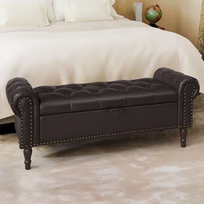 Modern Velvet Upholstered Storage Bench with Silver Nailhead Trim
