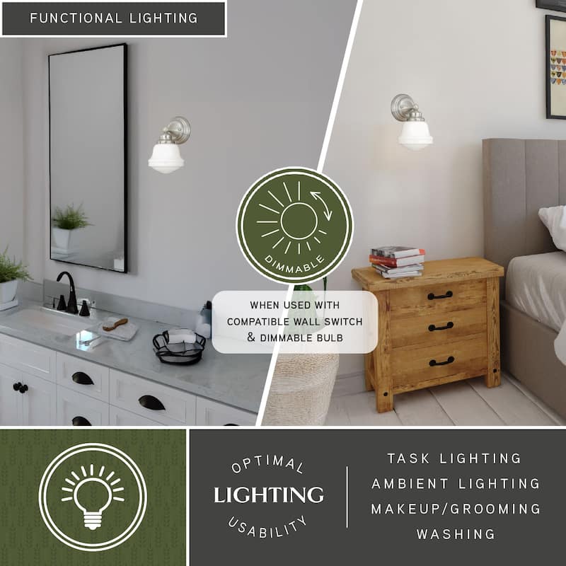 Huntley 1-Light 6.75 in. W Satin Nickel Bathroom Vanity Lighting Fixture, White Schoolhouse Glass Globe, Wall Mounted Sconce