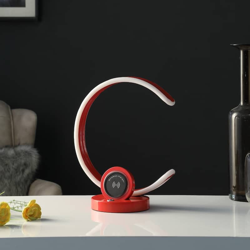 Red Metal LED Desk Lamp with USB Port, Wireless Charger and Dimmer - 11” x 6” x 13.25” (D x W x H)