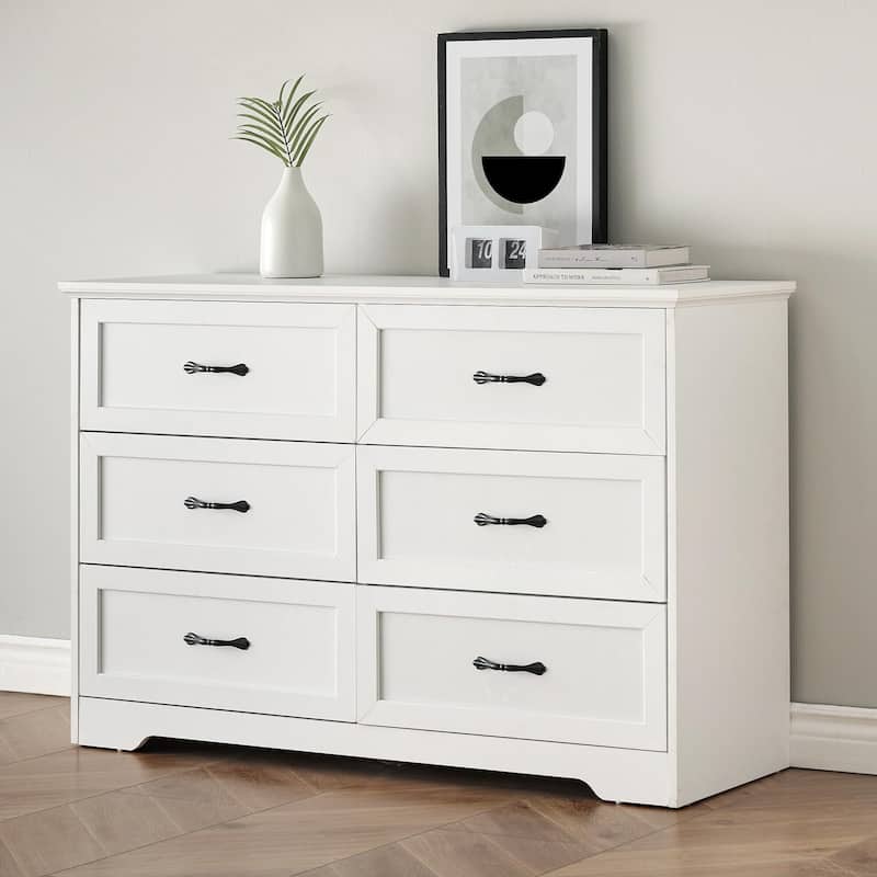 5/6 Drawers Dresser for Bedroom,Chest of Drawers with Wide Metal Handle,Farmhouse Modern Wooden Dresser - White - 6-drawer