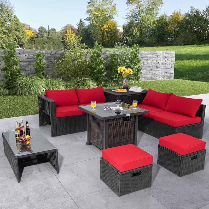Costway 9 PCS Patio Furniture Set with 32" Fire Pit Table 50,000 BTU - See Details - Red