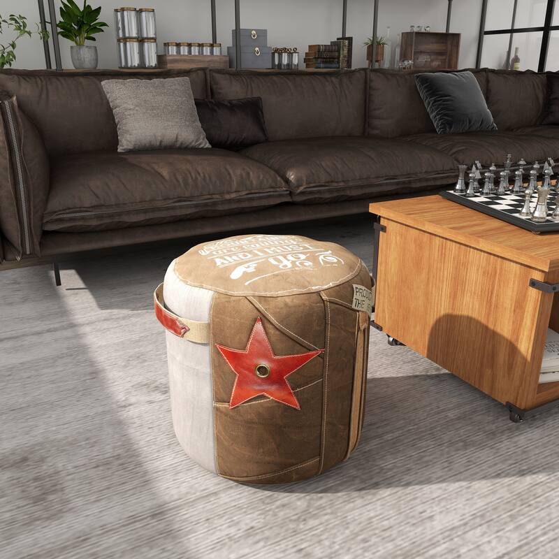 Brown Canvas Pouf with Leather Accents
