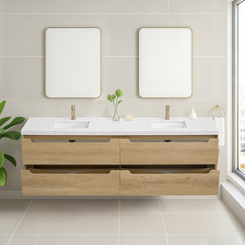 24"36"48"60"72"84" Floating Bathroom Vanity with Engineered Top Rectangulare Sink Solid Wood