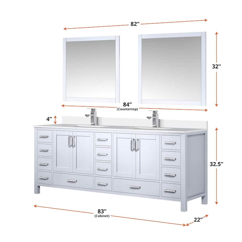 Jacques 84 in. W x 22 in. D White Double Bath Vanity, White Quartz Top, and 34 in. Mirrors