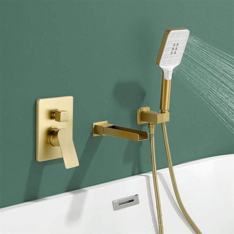 Waterfall Tub Faucet Wall Mounted Single Handle Tub Fillers with Handheld Shower Bathtub Faucet with Rough-in Valve