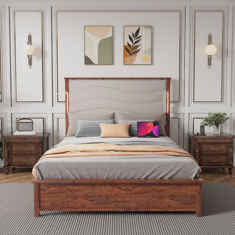 Queen Size Bed Frame with Upholstered Headboard, Charging Station, LED Lights, Wood Slats, No Box Spring Needed, Easy Assembly