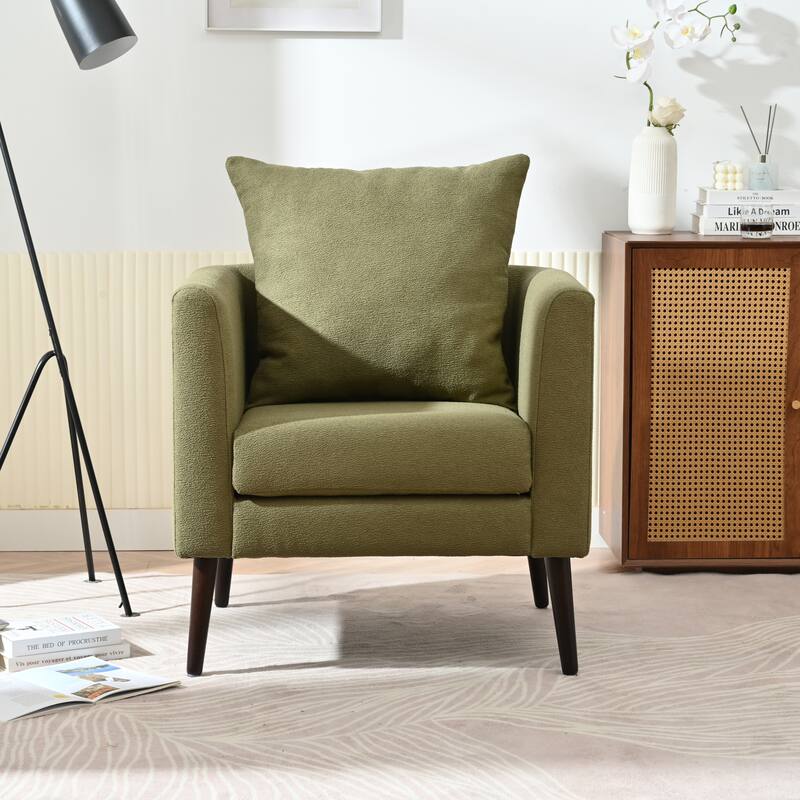 Fabric Accent Chair with Pillow, Ergonomic Upholstered Single Sofa Chair, Lounge Reading Chair with Tapered Wooden Legs