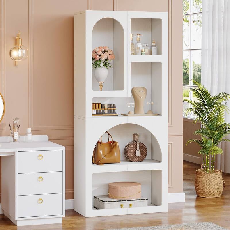 70” White Arched Wood Bookshelf with 5 Geometric Storage Shelves