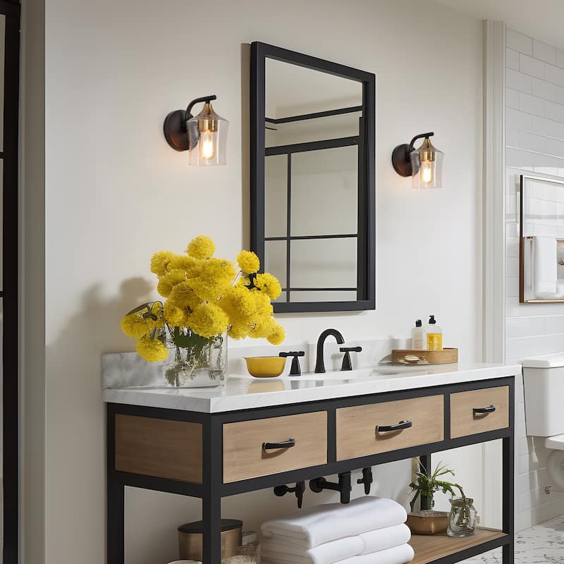 Modern 1-Light Black Gold Wall Sconce Glass Vanity Lights for Bathroom