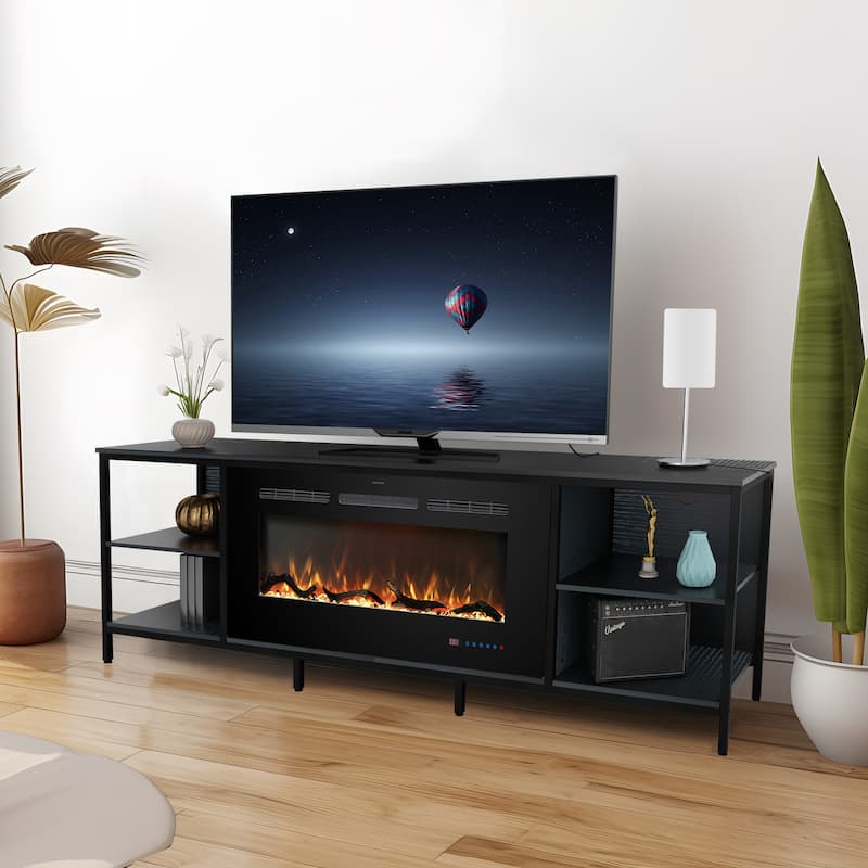 Prismaster Fireplace TV Stand, Steel-Wood Combined TV Cabinet w/ 36" Fireplace for TV up to 80" - Black