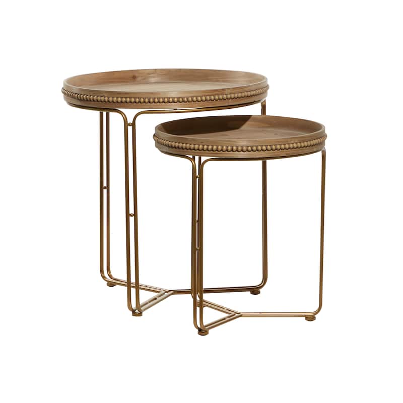 Wooden Round Beaded Nesting Accent Table - Set of 2 Brown - Roche River Decor - 24"Wx24"Lx26"H