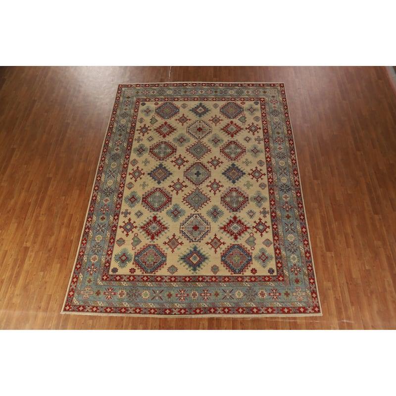 Hand Knotted Oriental 100% Wool Carpet Traditional Geometric Beige & Ivories Kazak Area Rug - 11' 11'' X 8' 10''