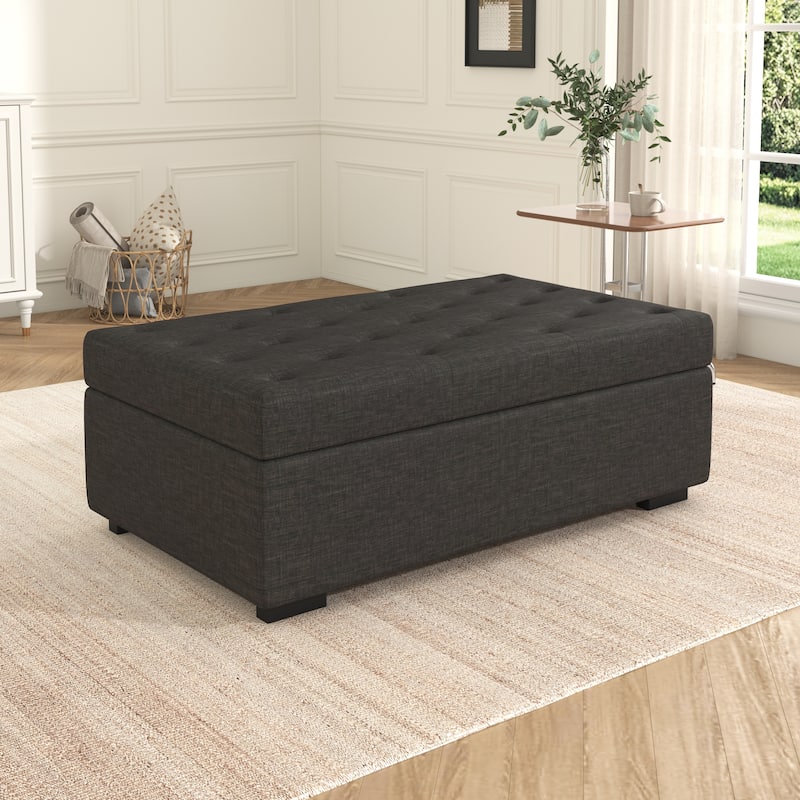 Tufted Sleeper Couch Settee, Ottoman with Folding Sofa Bed, Convertible Ottoman Sleeper with Memory Mattress - Dark Gray