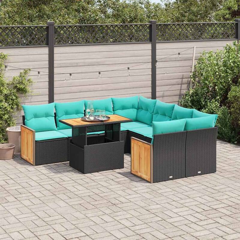 vidaXL Patio Sofa Set with Cushions Outdoor Furniture 9 Piece Poly Rattan - Black - 24.4 x 24.4 x 27.2