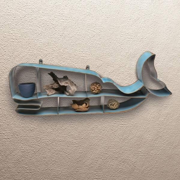 Painted Metal Blue Whale Shelf Nautical Themed Decor 28 In X 10 5 In X 4 75 In