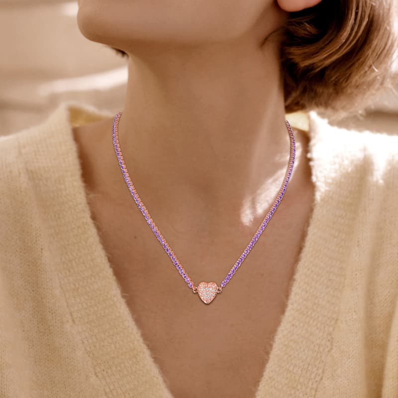 Miadora 11 5/8ct TGW African Amethyst Created White Sapphire Tennis Necklace in Rose Silver-17 in
