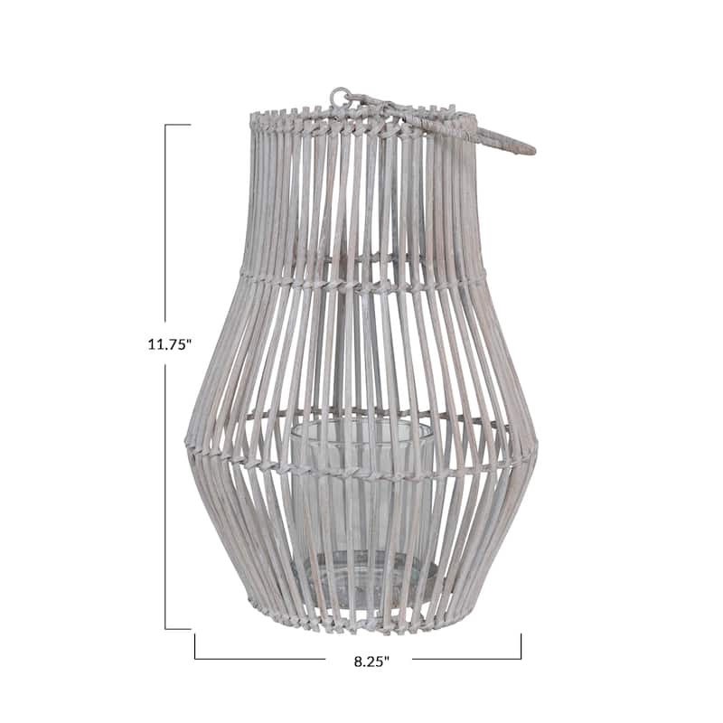 Hand-Woven Bamboo Lantern with Handle and Glass Insert - 5.1"L x 8.3"W x 11.8"H