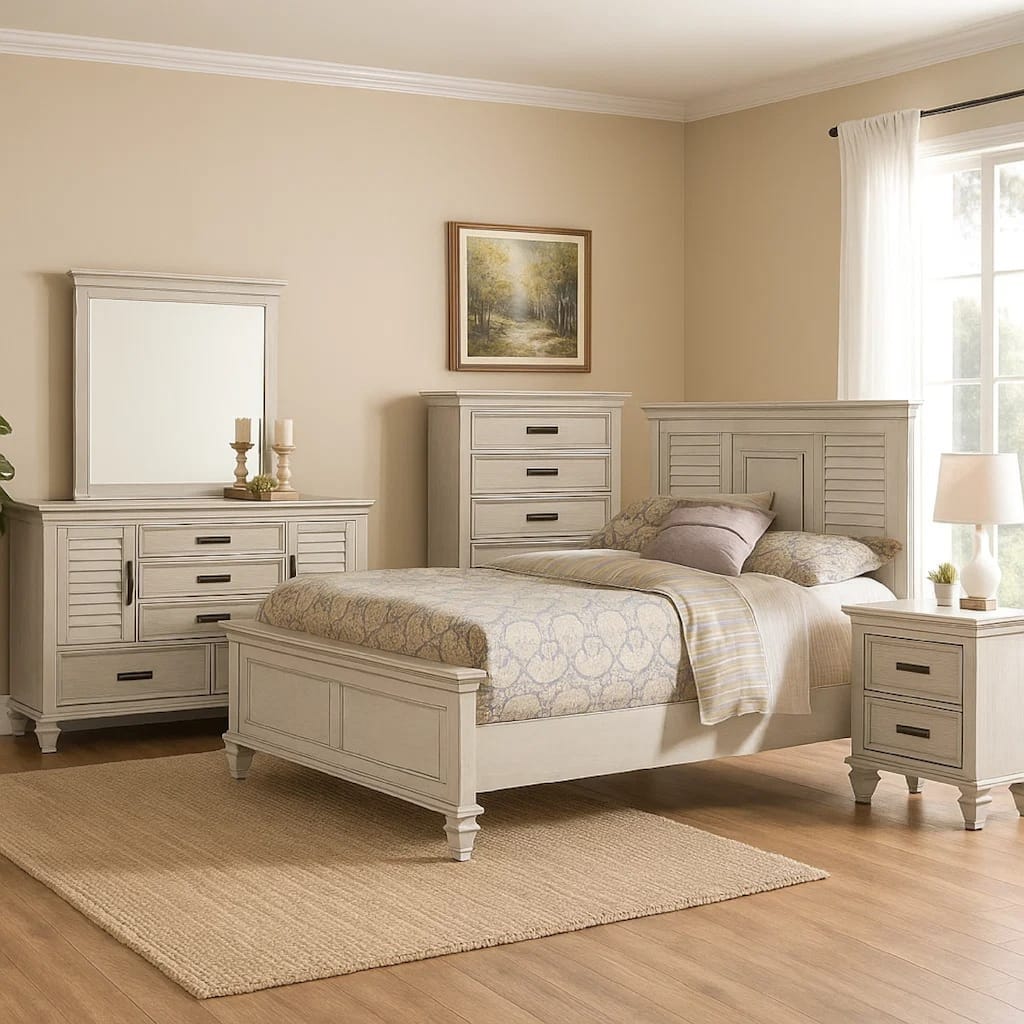 Eli 5 Piece Queen Bedroom Set, Rustic White Wood, Dresser Chest