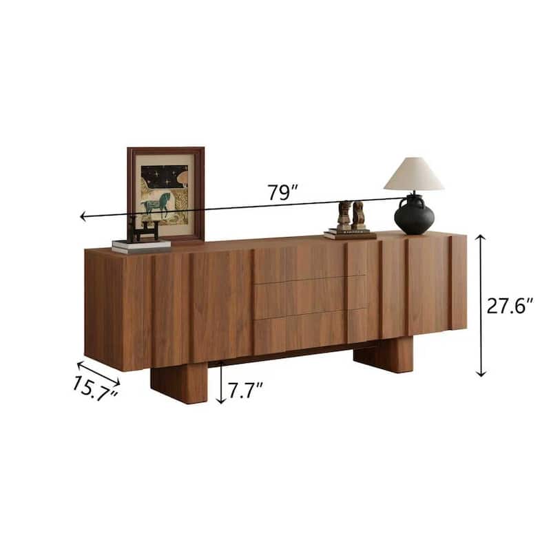 71" Mid Century Wood TV Stands, Brown Media Console with 3 Drawers and 2 Cabinets