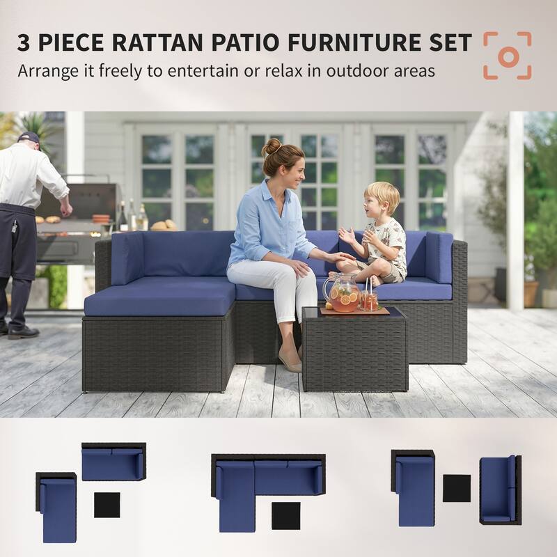 Outsunny 3 Piece Patio Furniture Set, Wicker Rattan Outdoor Patio Conversation Furniture Set with Cushions