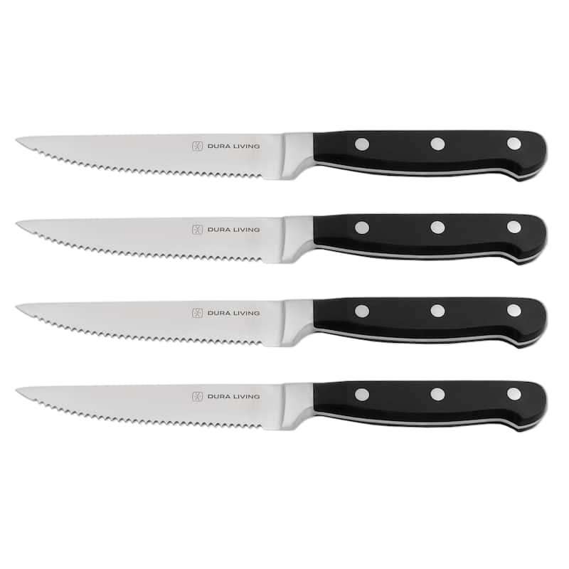 Dura Living 4-Piece Steak Knife Set - High Carbon Stainless Steel Serrated Blades, Ergonomic Black Handles - Black - 4 Piece